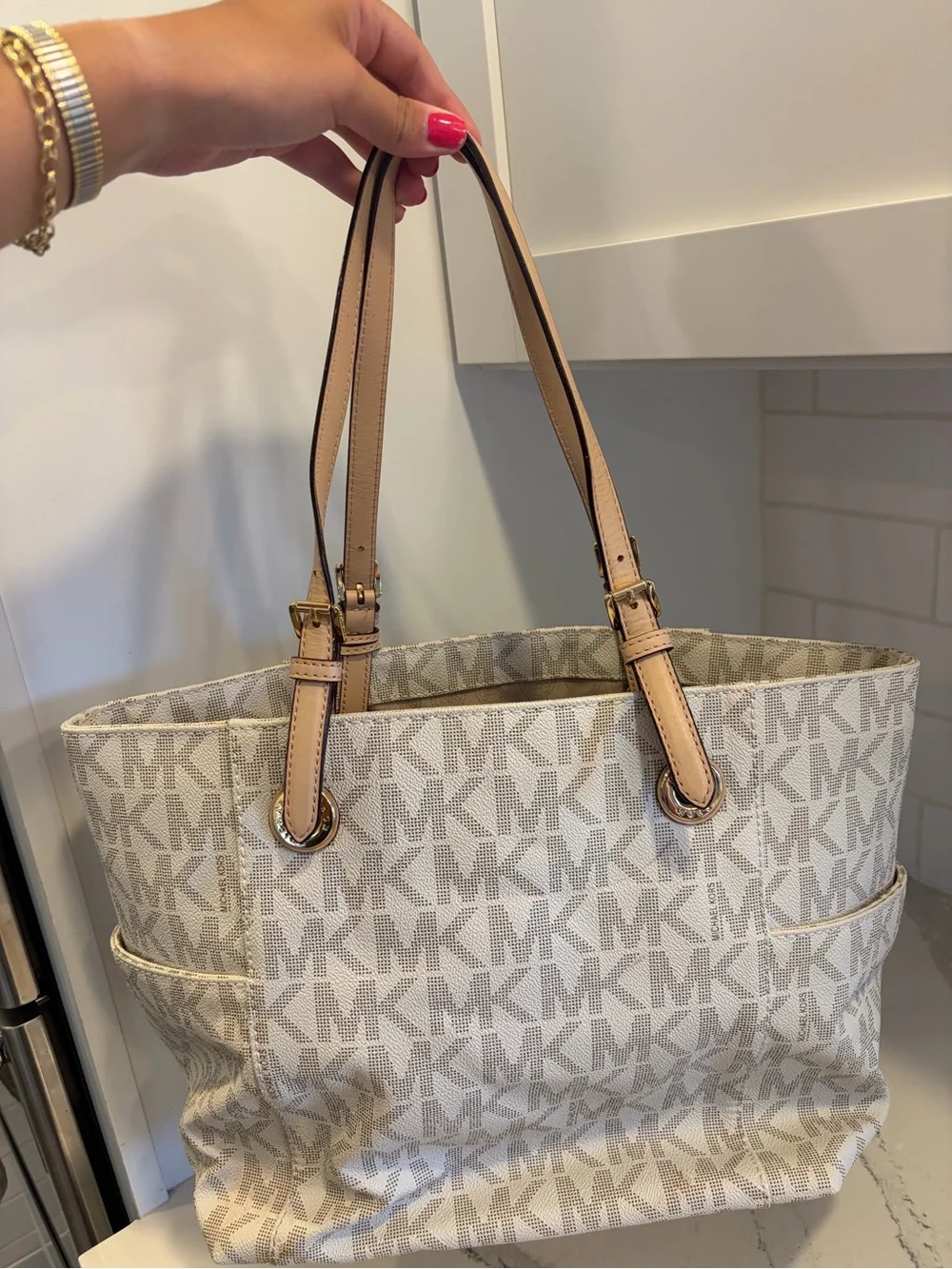 Michael Kors Beige Logo Tote with cream Leather Straps
